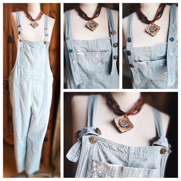 OOAK Vintage Spiderwear Sage Cotton Artisan Repurposed Overalls M/L - Picture 4 of 12